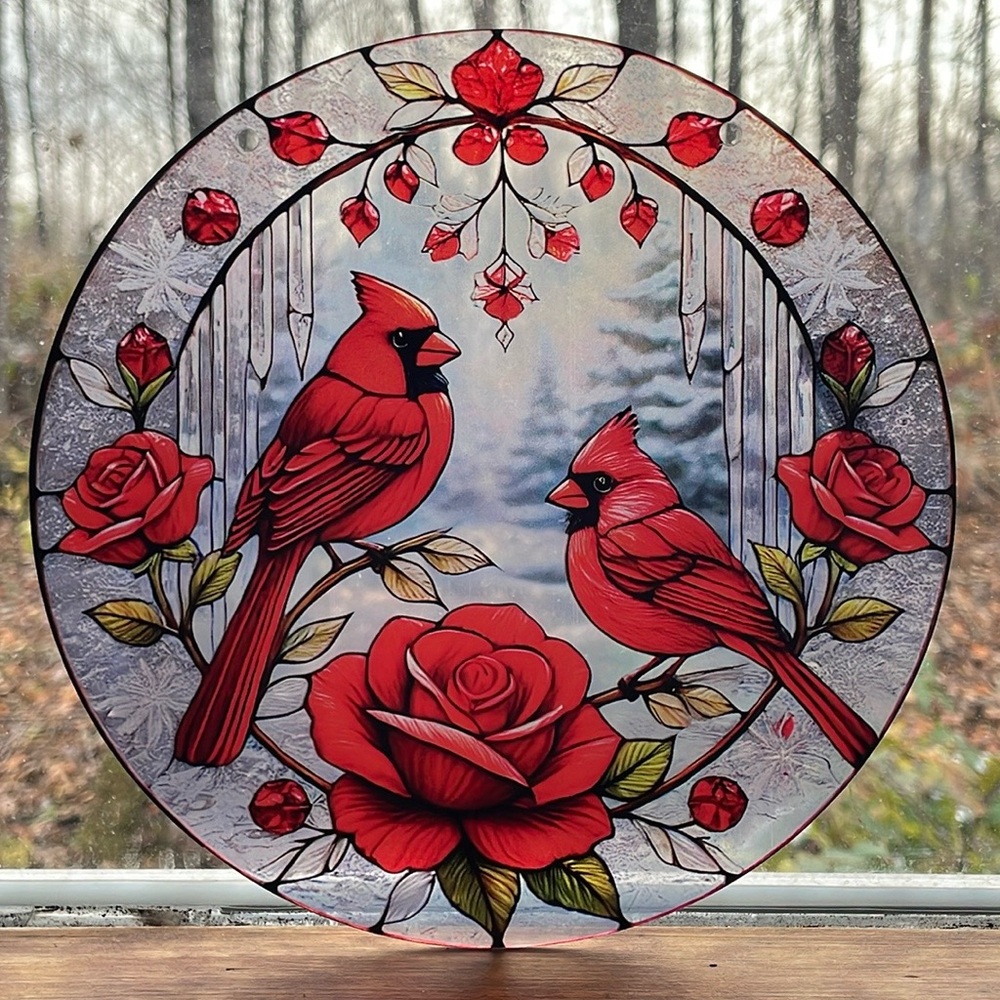 Acrylic Suncatcher Cardinal Bird Red Rose Anniversary Mothers Day Gift